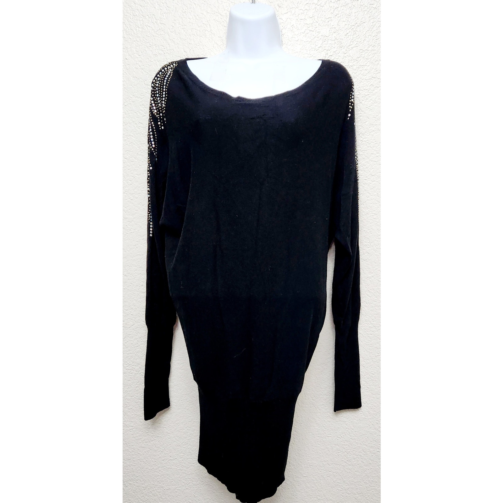 Venus Black Rhinestone On Shoulder Long Sleeve Sweater Dress Medium Lightweight
